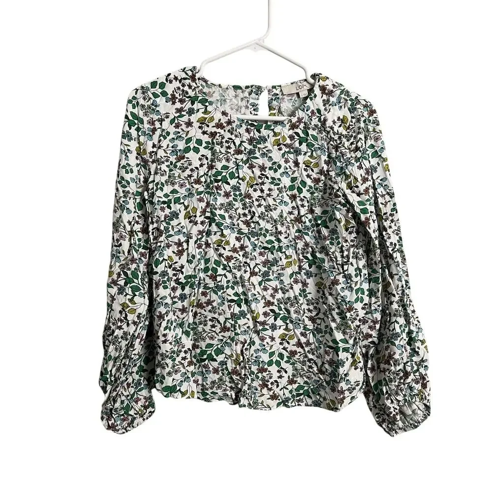 LOFT Blouse Womens Small White Floral Print Long Sleeve Puff Sleeve Boho Top